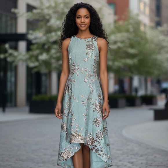 Rickie Freeman For Teri Jon High Low Metallic Jacquard Gown Size 4 Asymmetrical - Picture 2 of 16